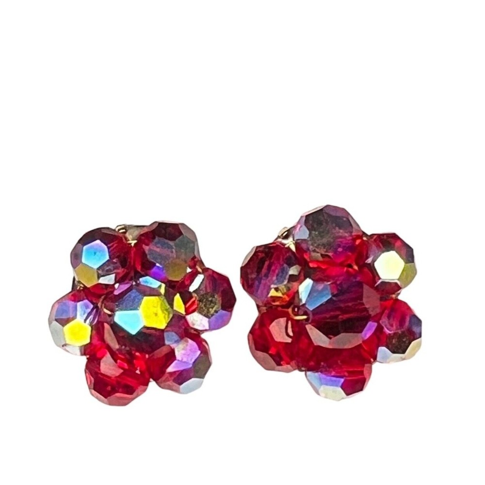 Vintage Earrings Clip On Aurora Borealis Round Bead Cluster Red